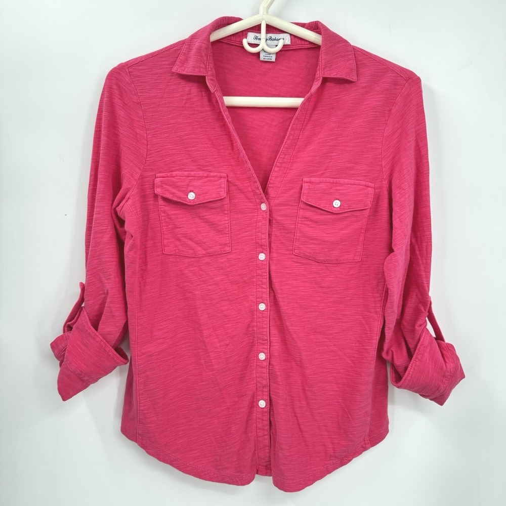 Tommy Bahama S Button Down Shirt Womens Pink Slub Knit Roll Tab Sleeve Pocket‎
